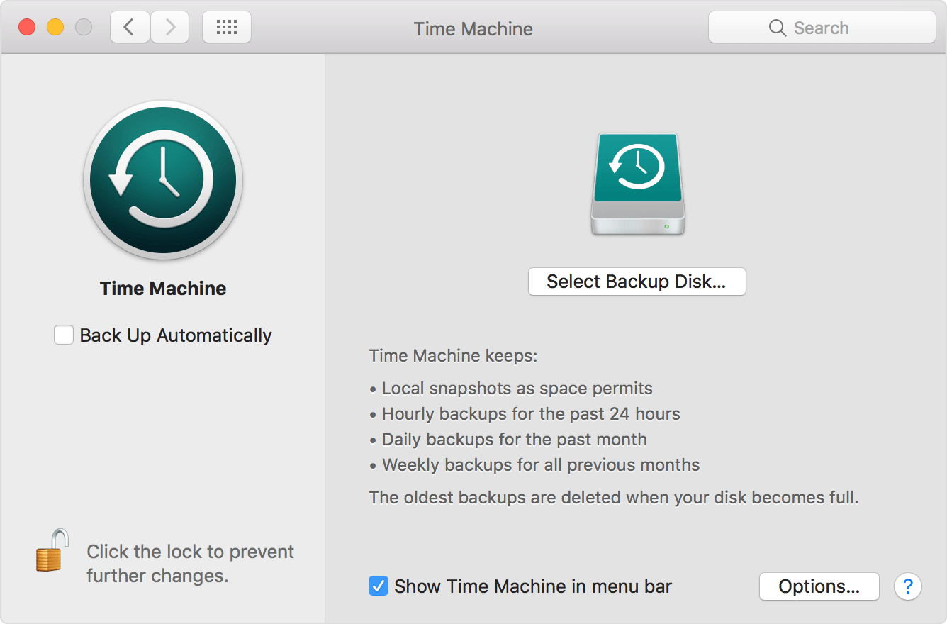 MacOS Sierra Time Machine Preferences